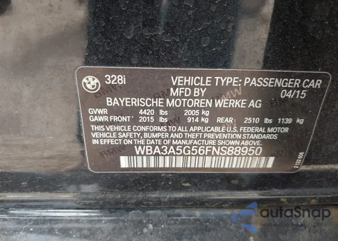 2015 BMW 328I из США, поврежденный, VIN WBA3A5G56FNS88950